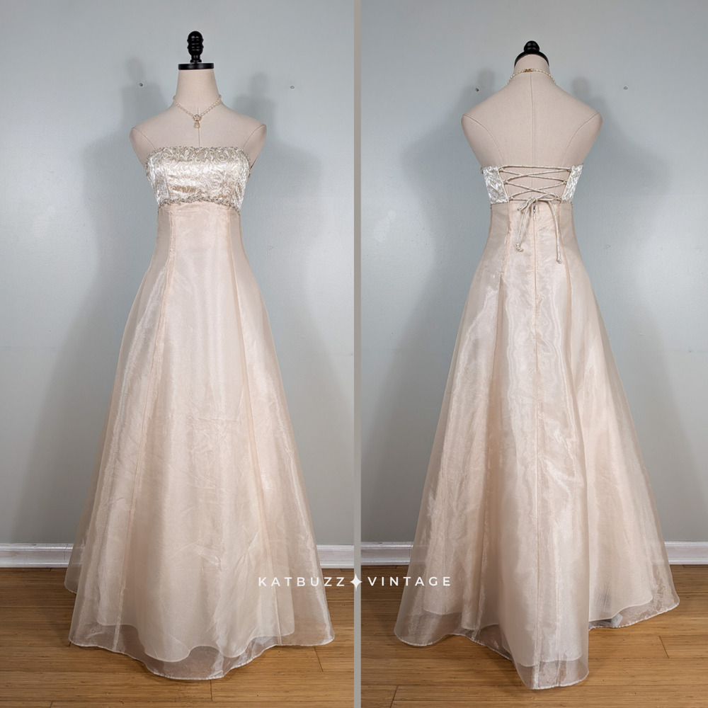 Vintage Zum Prom Dress Maxi Gown 4 Cream Corset 90S Y2K Strapless Bride Glam